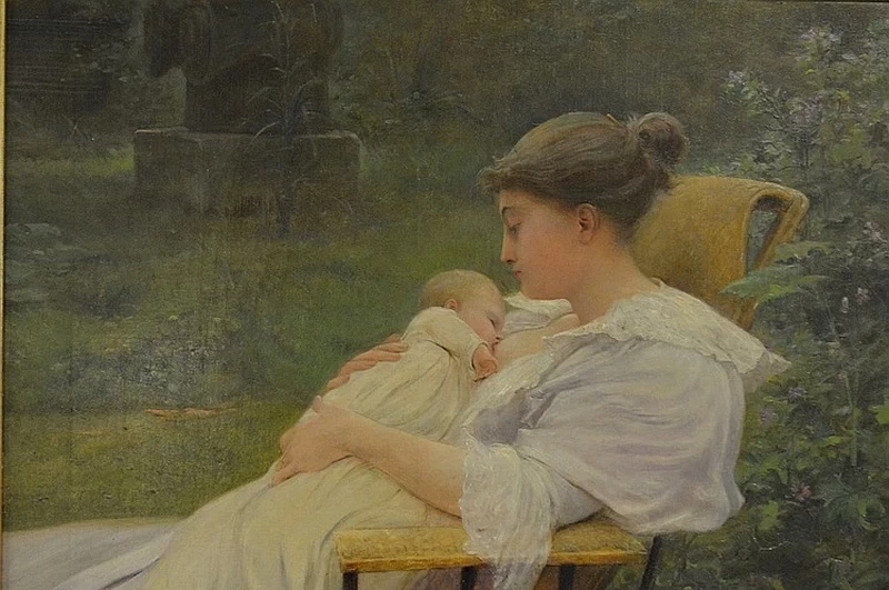Una donna che allatta un bambino in un paesaggio lussureggiante - dettaglio